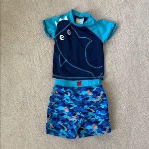 Baby Buns Shark swim trunks and rash guard